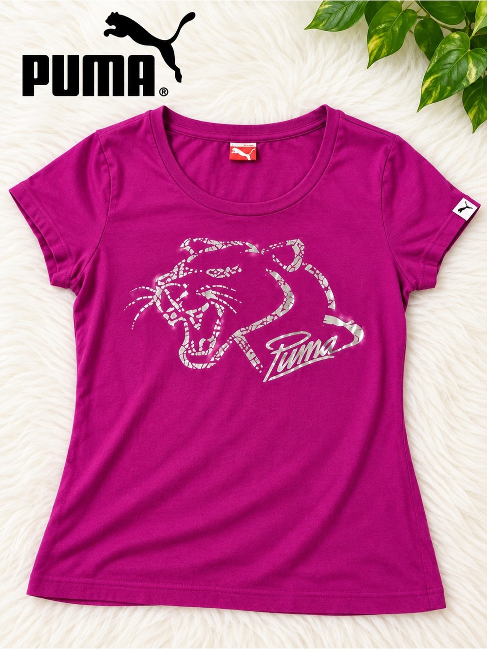 PUMA Women's Purple Silver Cat Graphic Scoop Neck Tee L